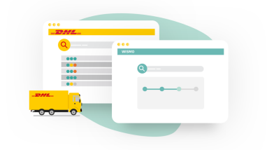 Zwei Software-Bildschirme mit der Sendungsverfolgung und einem DHL-LKW davor.