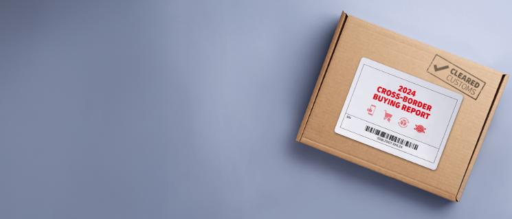 Image with grey-lilac background and a brown parcel  with the text ‘2024 Cross-Border Buying Report’’ written on it