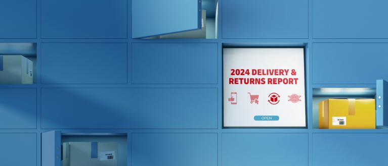 Parcel locker with ‚‘2024 online shopper trends’’ written within the screen