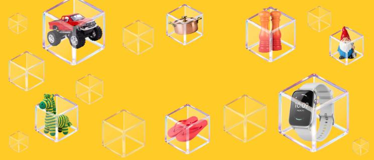 Different items in glass boxes