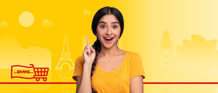A happy woman pointing upwards with illustrated monuments from different countries and a shopping cart carrying a DHL flag.