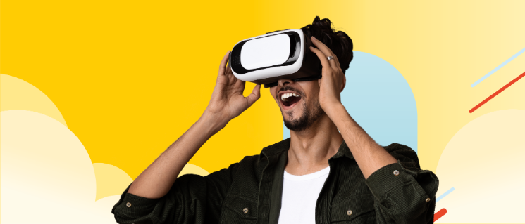 Man holding a virtual reality device in her face and showing surprise.