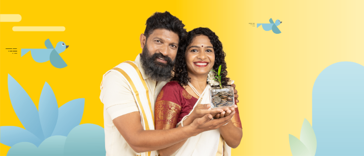 Man and woman carrying a plant with illustrated birds in the background.