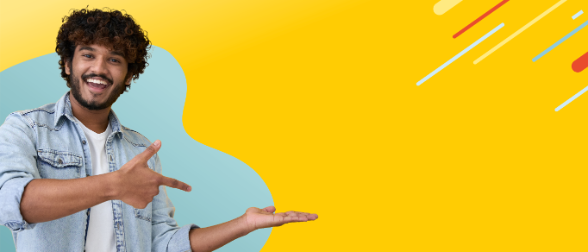 cheerful young man points to the right