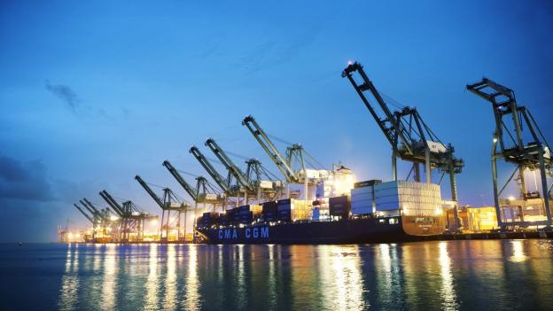 Container ship port at night