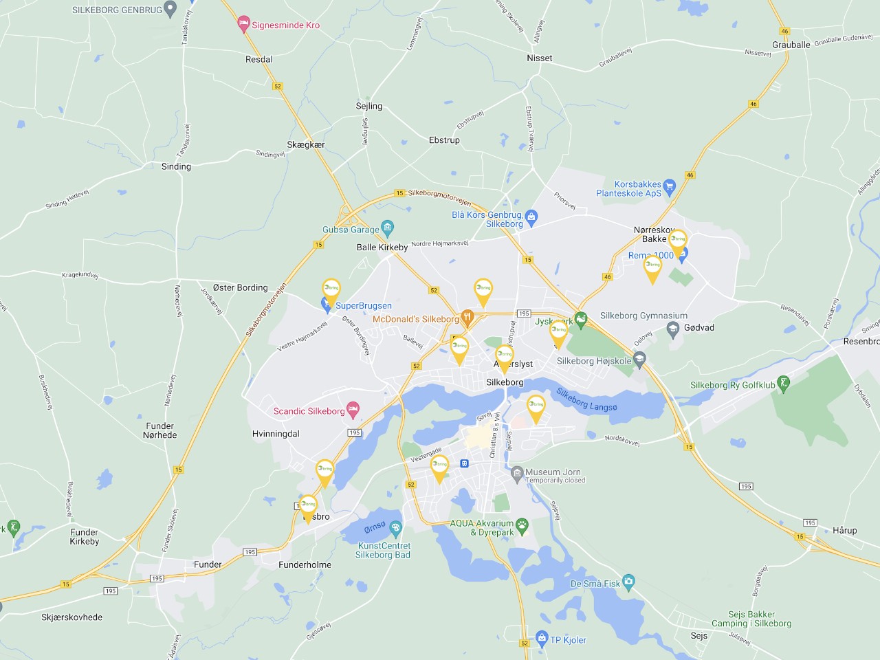 Eksempelbillede af et kort, der viser resultaterne af ServicePoint-finderen