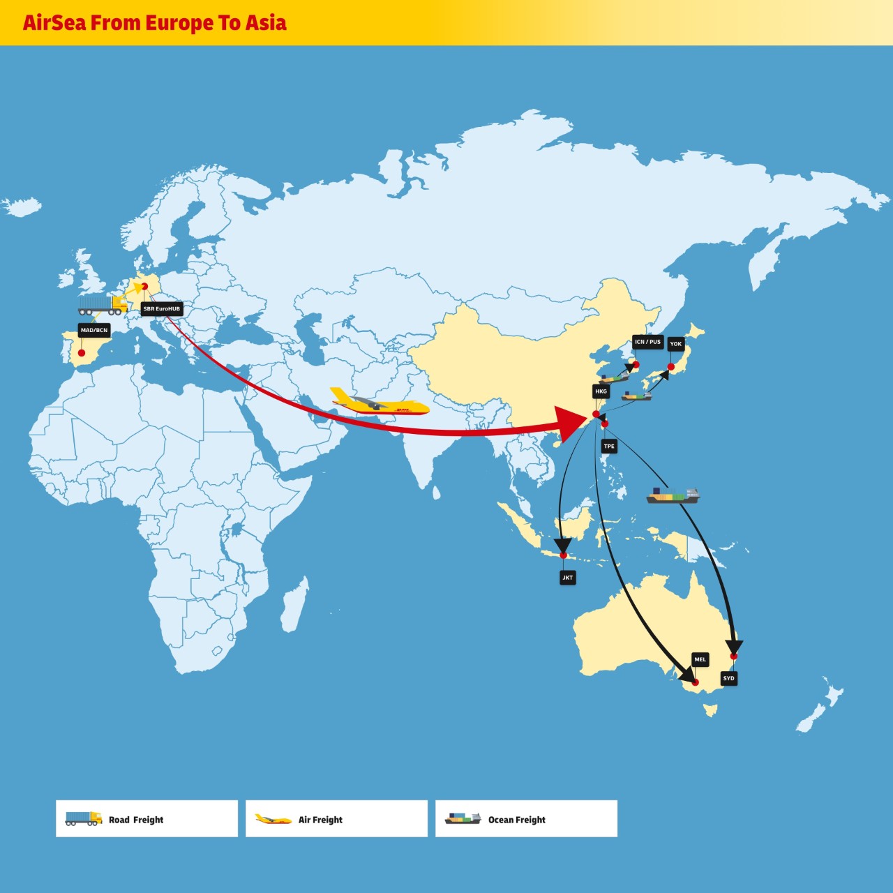 Karte, die den Straßentransfer von Spanien nach Deutschland zeigt, bevor die Sendung von Deutschland nach Hongkong geflogen wird, von wo aus sie dann auf dem Seeweg zu verschiedenen Zielen in Asien weitergeleitet wird 