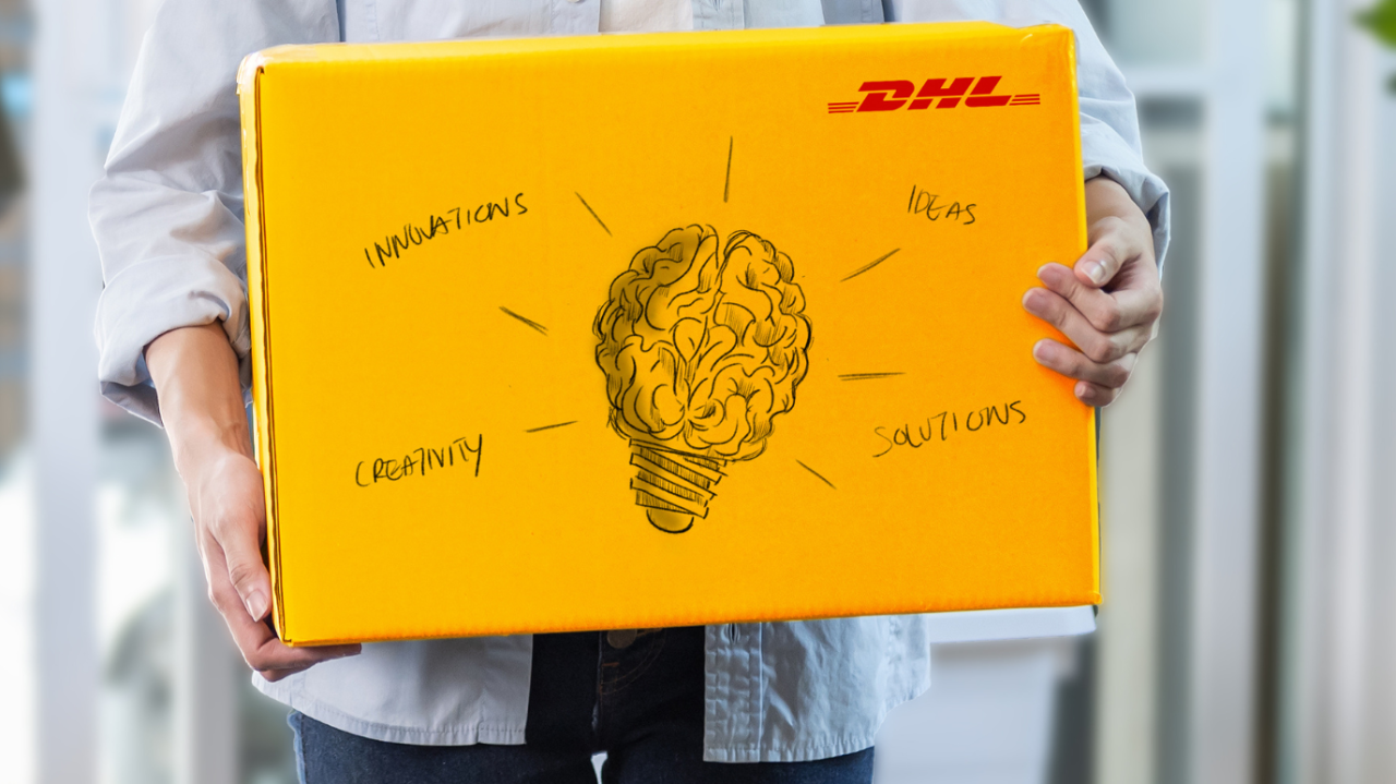 DHL parcel with a graphic of a light bulb on the parcel. 