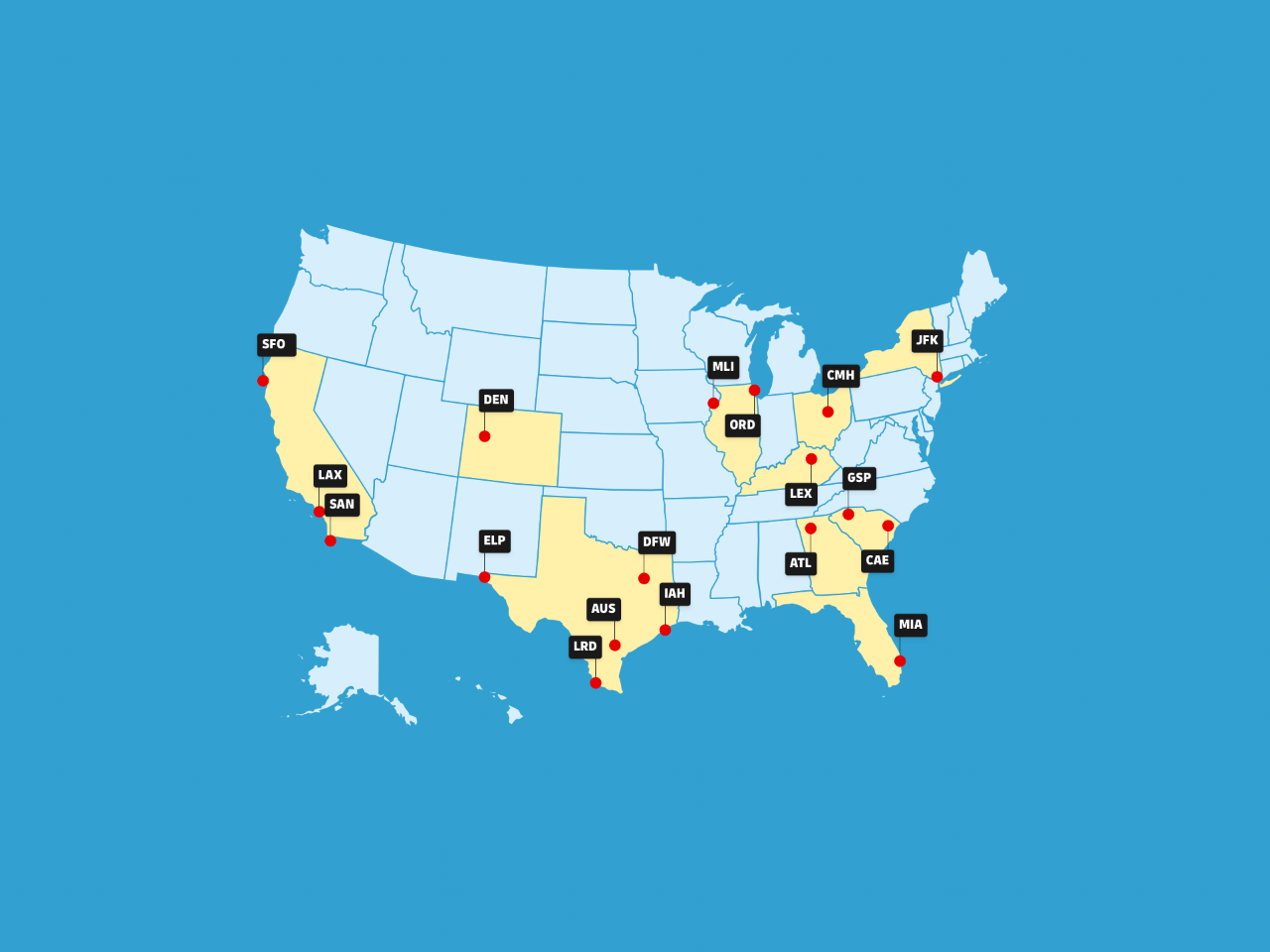 Map of the United States marked with the foreign trade zone locations