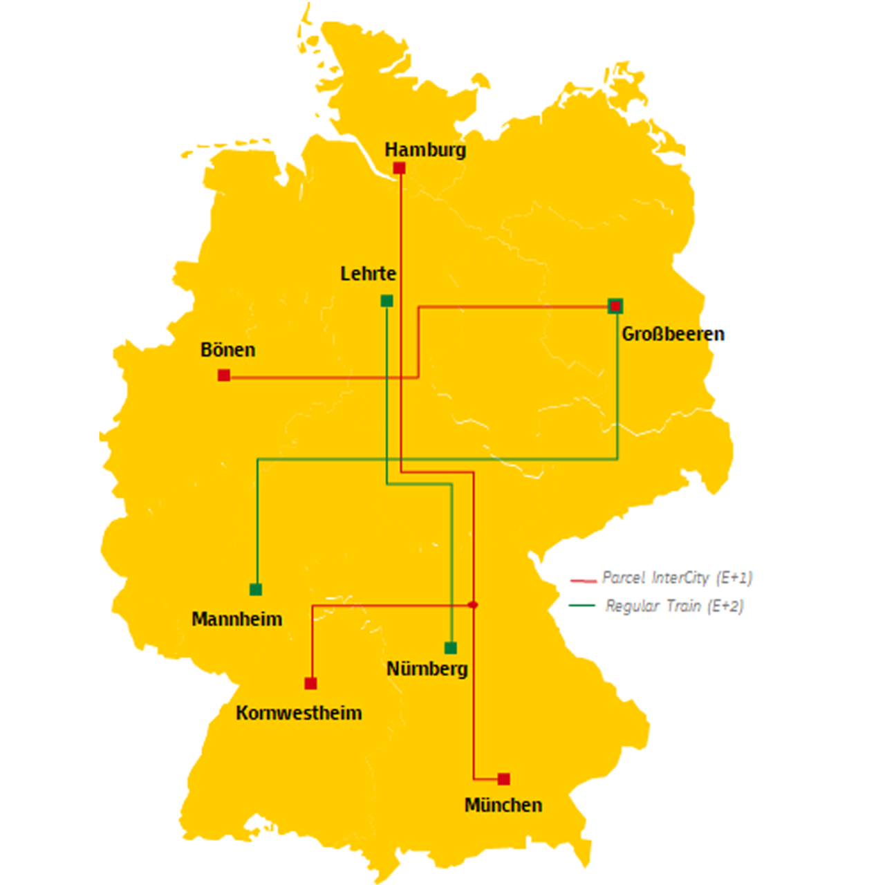 A map of Germany showing DHL Freight rail connections between locations in Germany including regular train routes and Parcel InterCity routes.