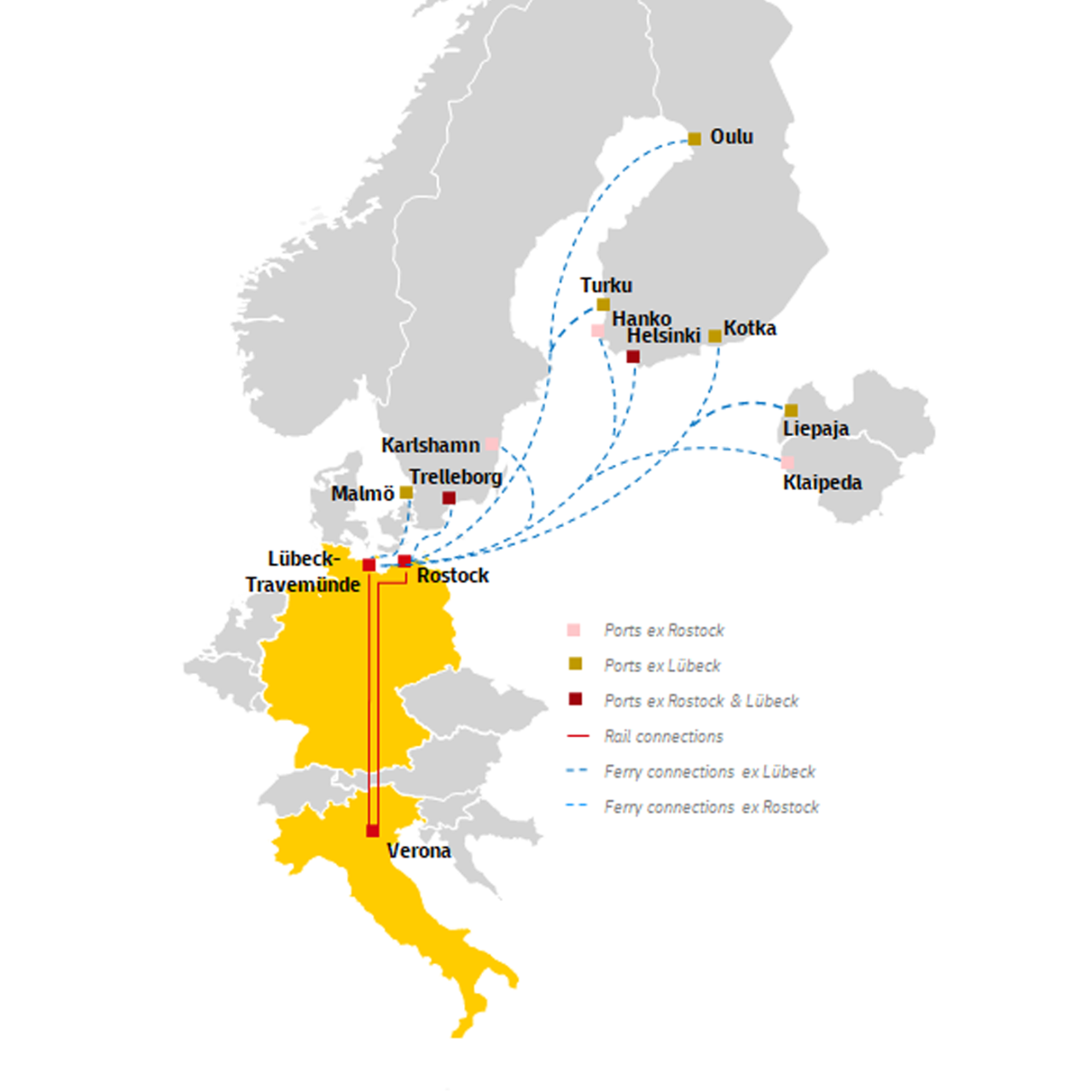 A map over Italy, Germany, Sweden and Finland showing DHL Freight rail connections between Verona, Lübeck-Travemünde and Rostock. Ferry routes from Germany to Sweden harbours in Malmö, Trelleborg and Karlsham, to Finland harbours in Turku, Hanko and Helsinki, to Liepaja in Latvia and Klaipeda in Lithuania are shown.