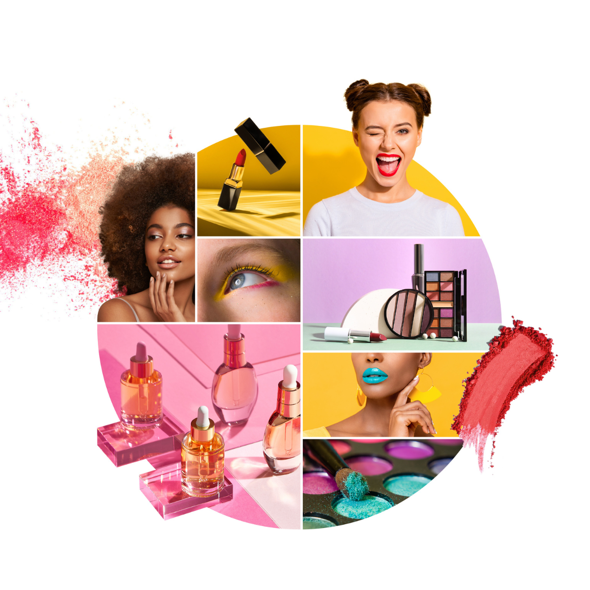 Una persona sostiene una tarjeta de felicitación mientras prepara una caja de regalo con tres botellas de vidrio de cosméticos y productos de belleza rodeadas de papel triturado. La escena incluye una computadora portátil sobre una mesa de colores claros.