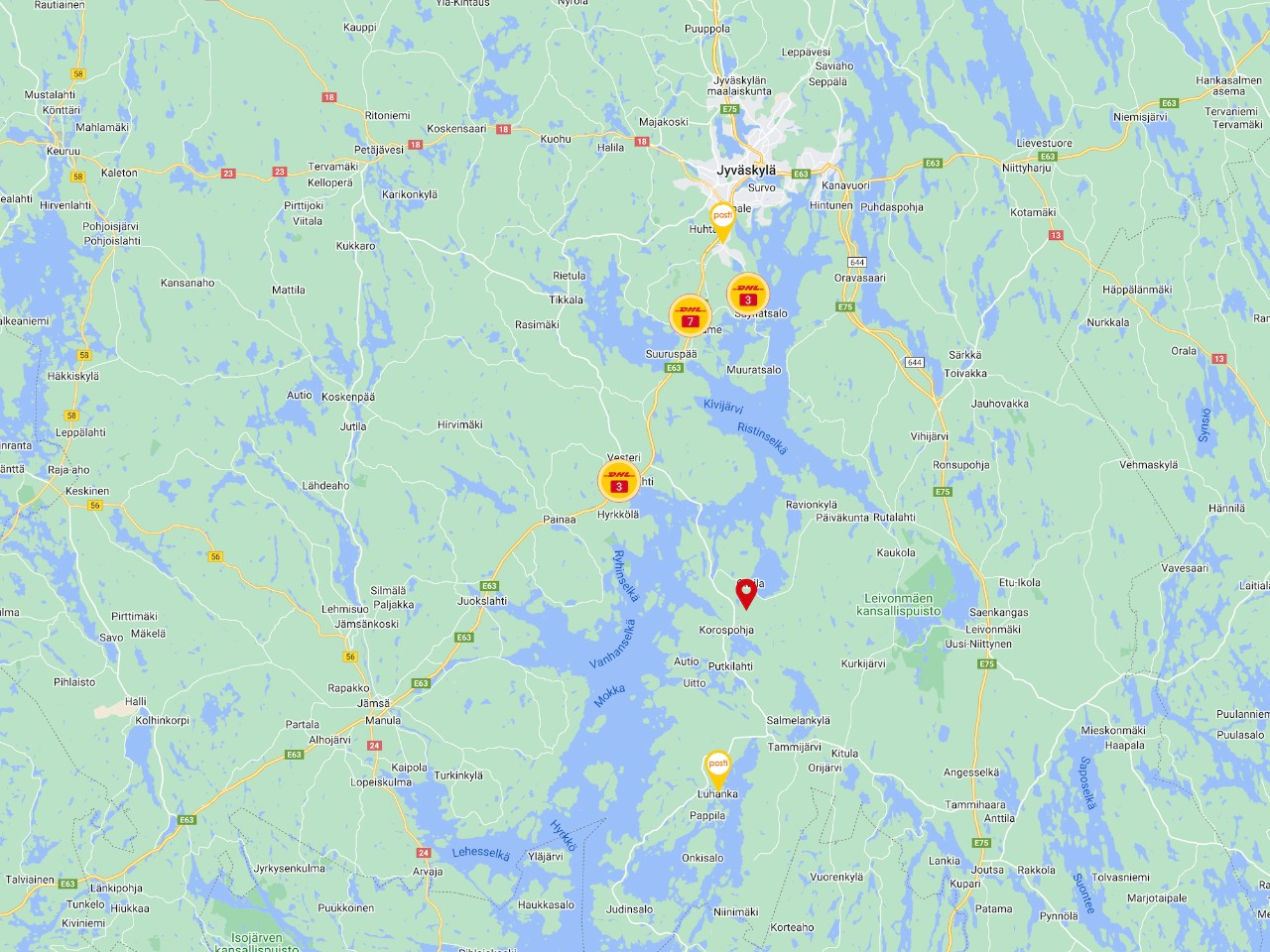 Esimerkkikuva kartasta, jossa näkyvät palvelupistehaun tulokset