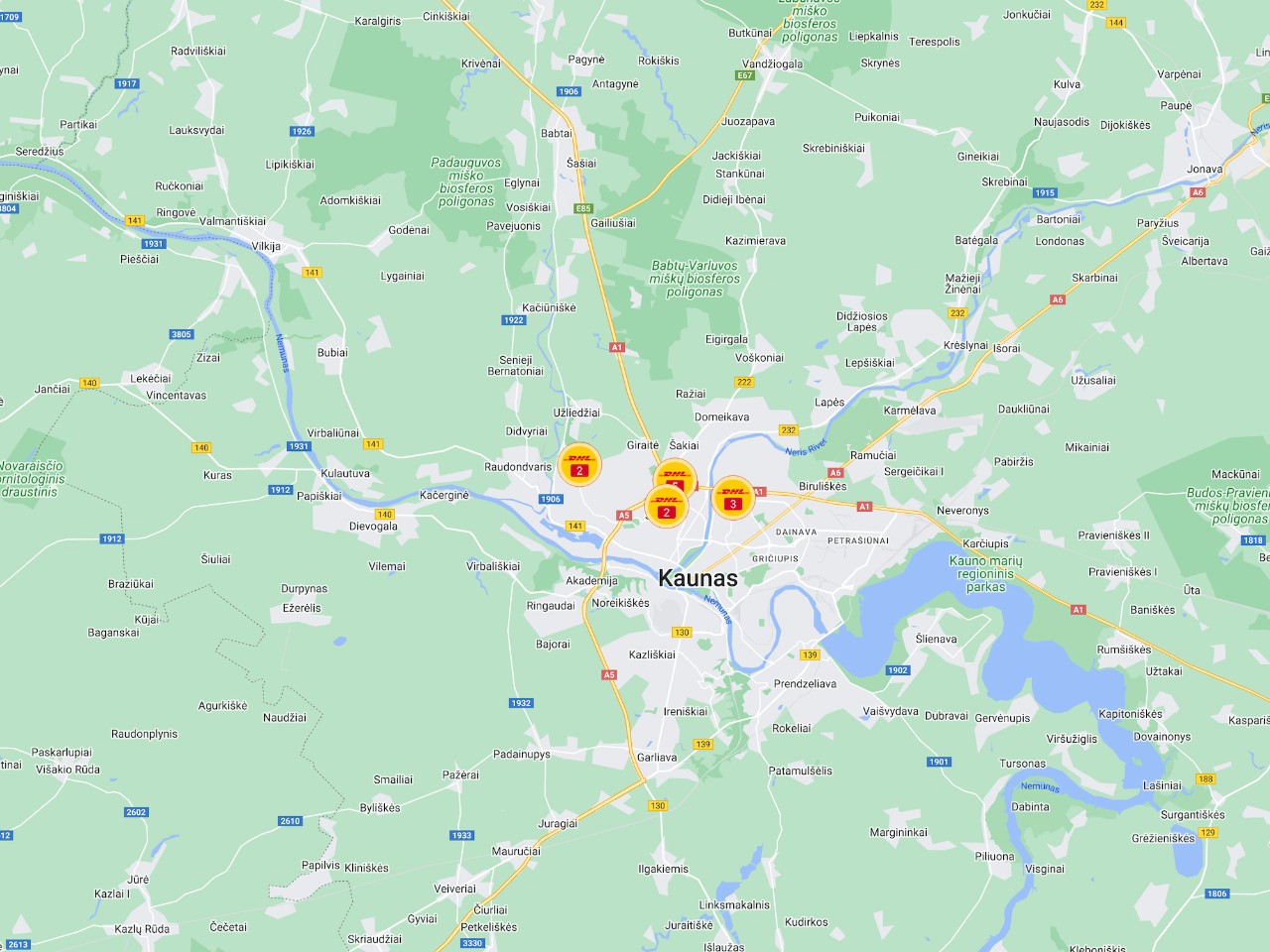 Žemėlapio paveikslėlio, kuriame rodomi seervicepoint ieškiklio rezultatai, pavyzdys