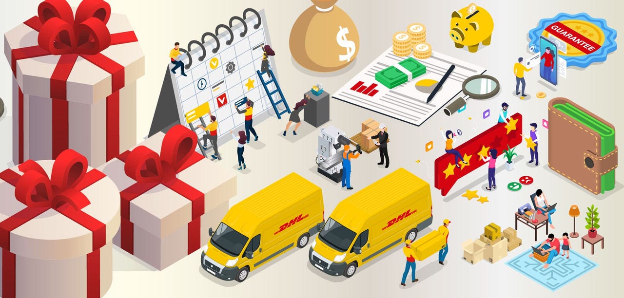 Graphic image of presents and DHL logistics activities