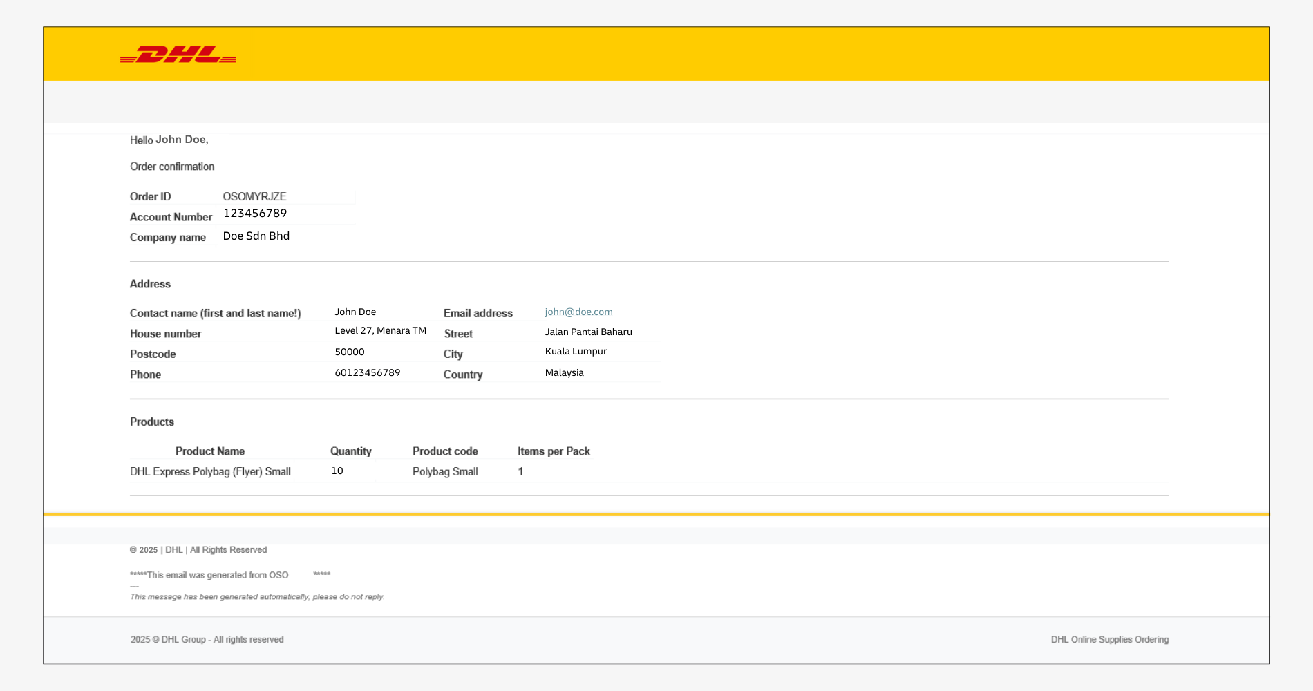 DHL OSO Order Shipping Supply Guide: Order Confirmation Email