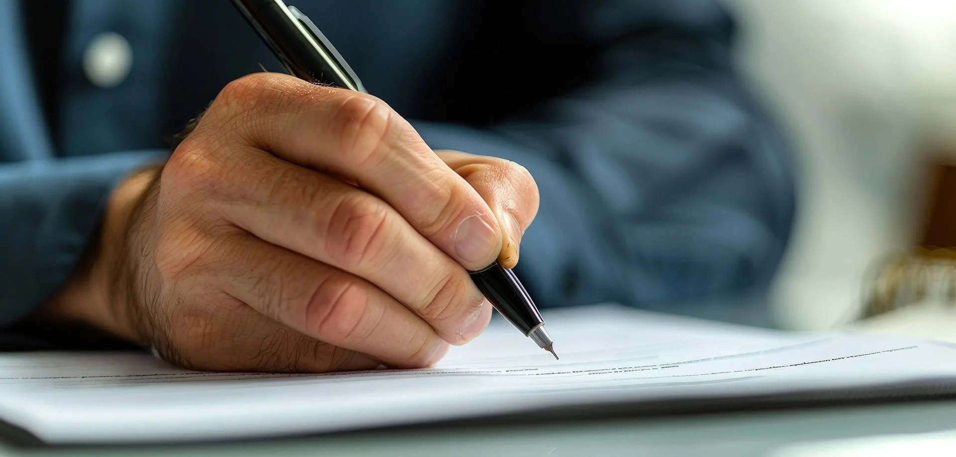 Plano detalle de mano de hombre con pluma llenando un documento impreso