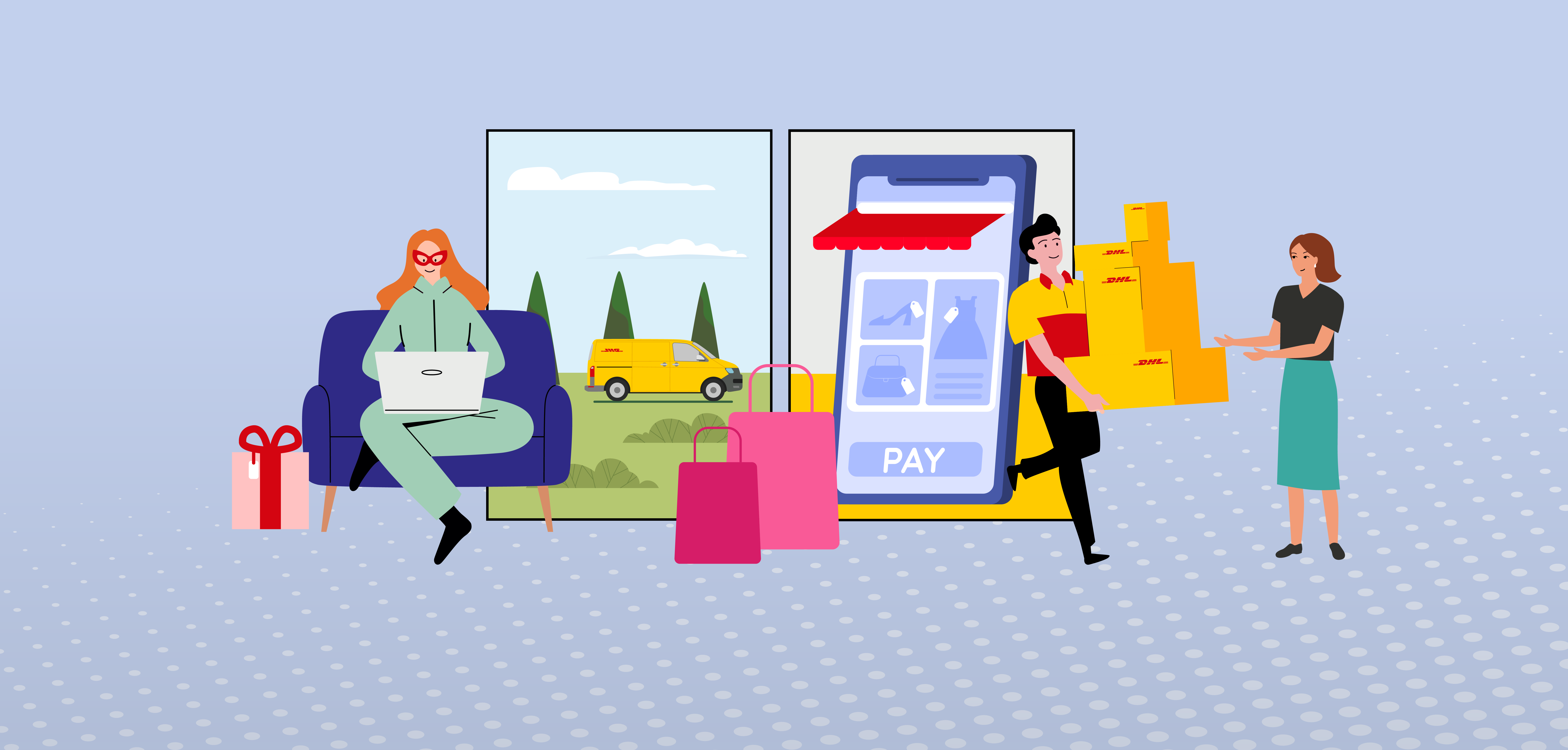 Graphic image of superhero and DHL courier