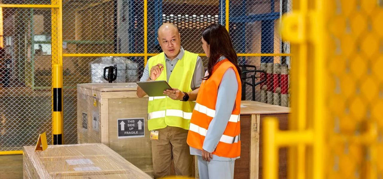 A male DHL expert explains data to a female colleague on a tablet while they are in a multimodal hub