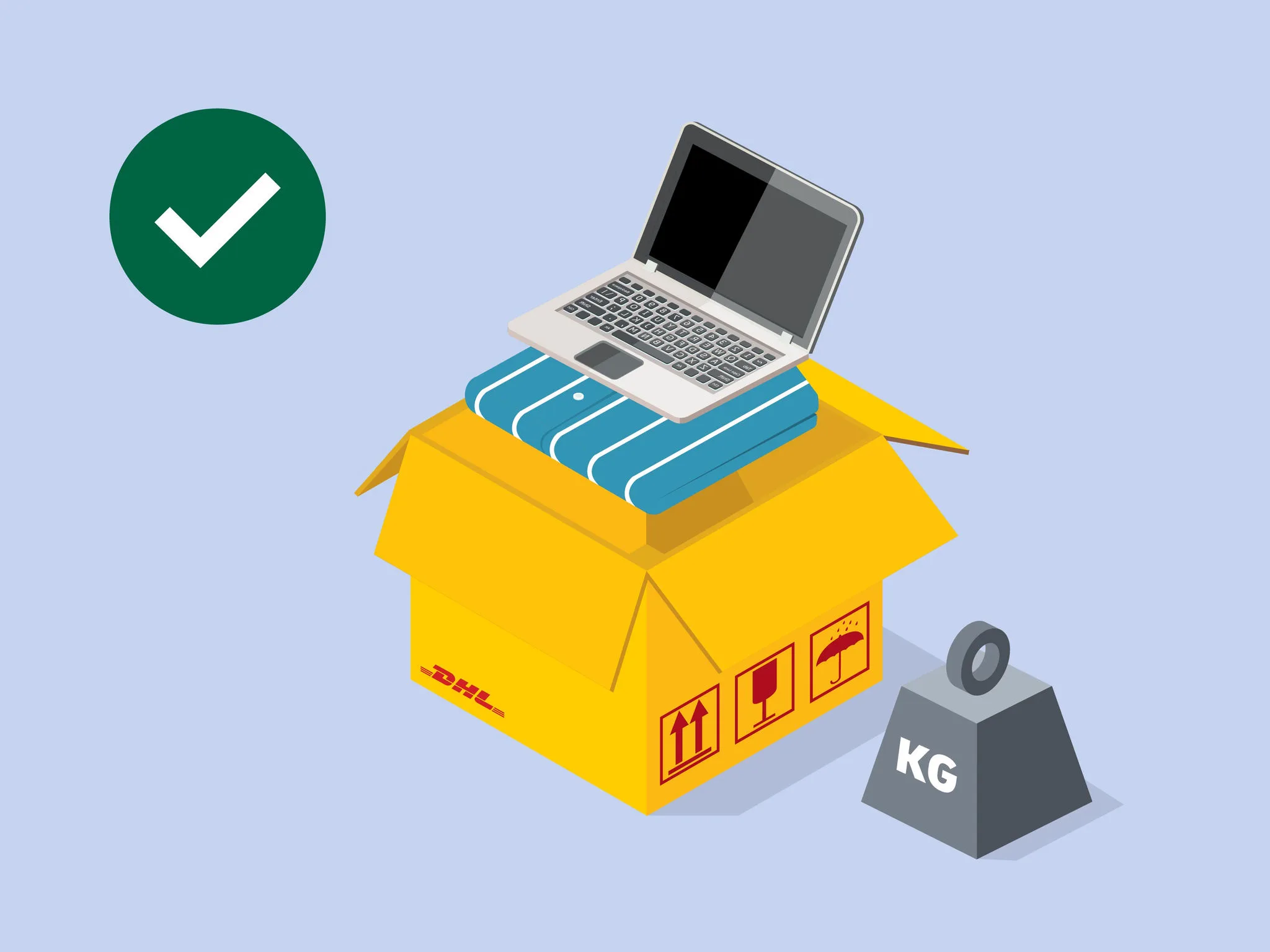 laptop and shirt in a yellow DHL box