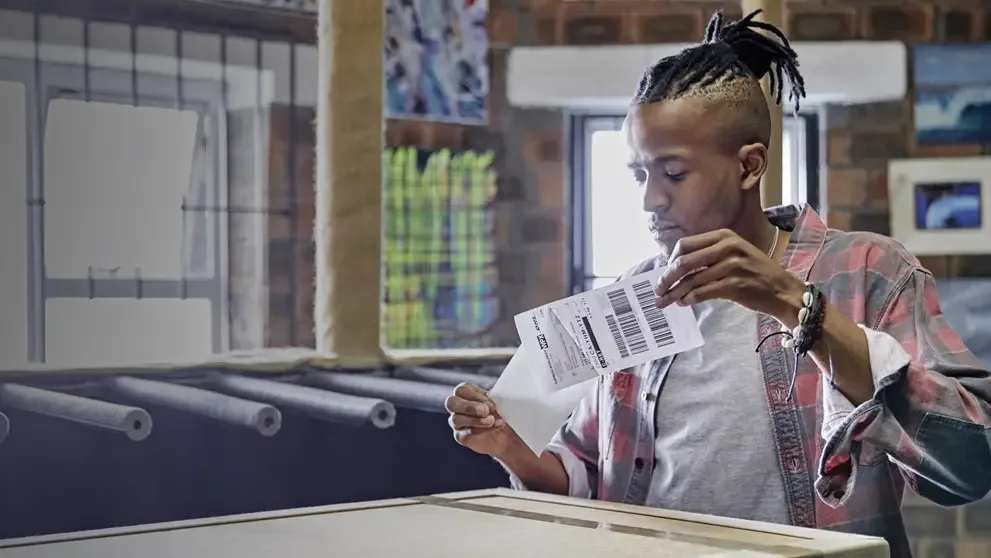 Man franks package in surf shop