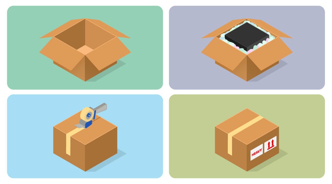 illustration showing the steps to packing a shipping box