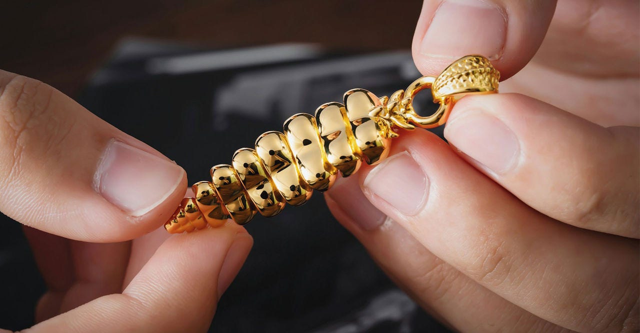 A person holding a gold chain, set for shipping jewelry overseas with care