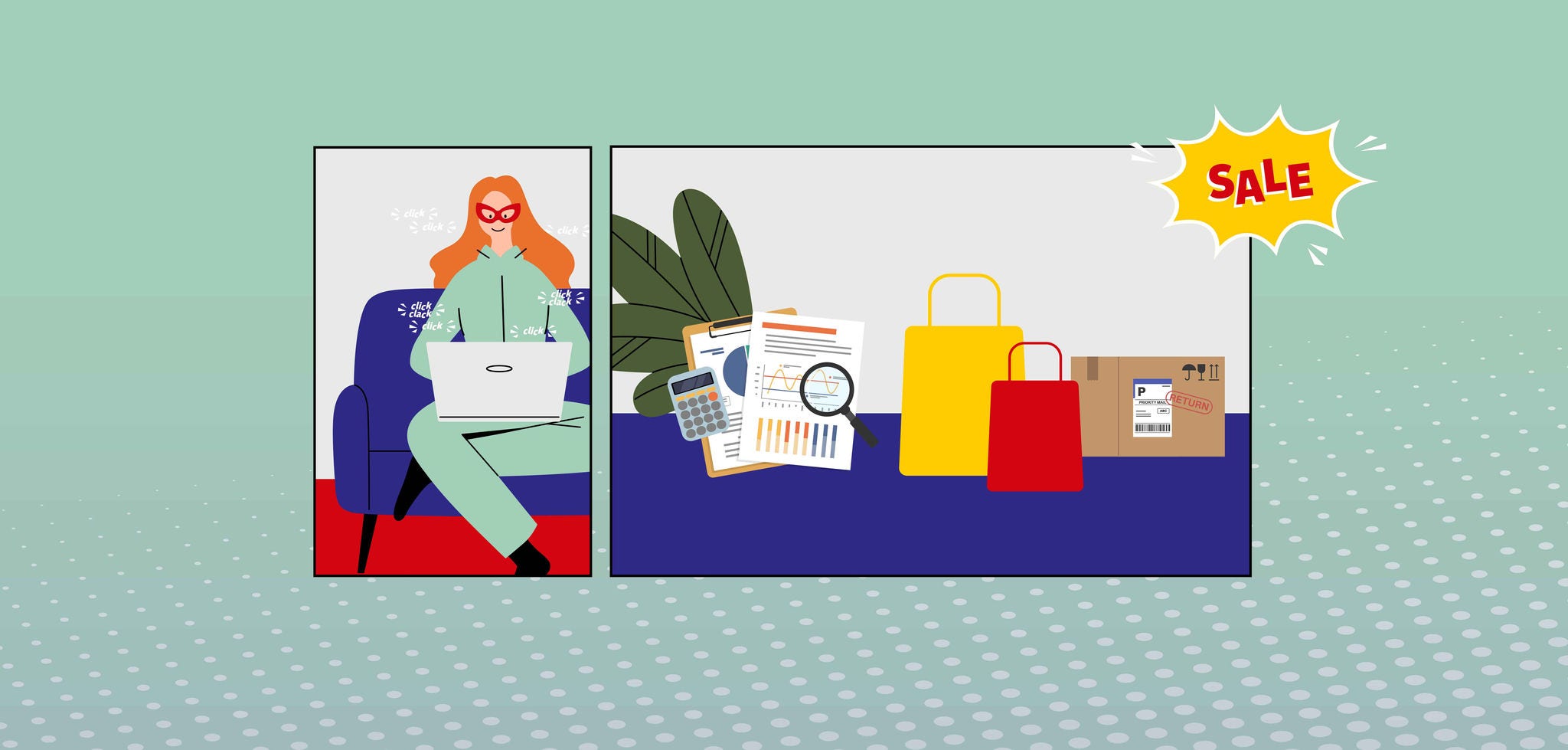 graphic image of woman typing on laptop and gift bags on the side