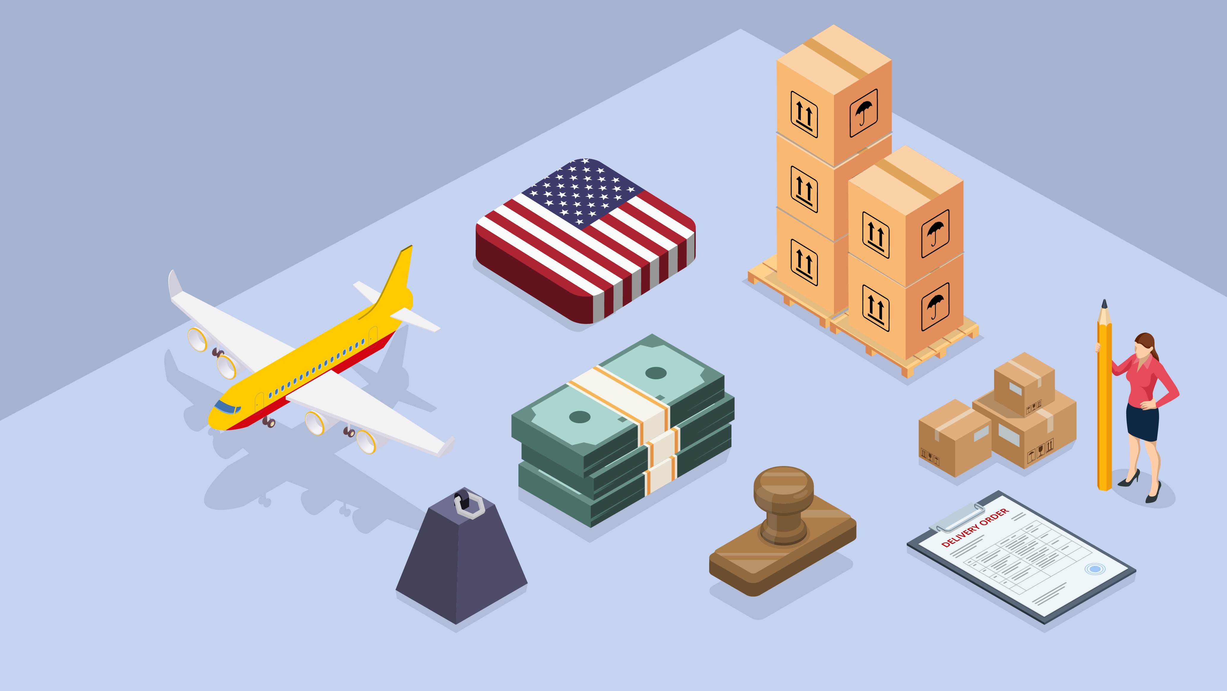 graphic image of a plane an american flag and shipping activities