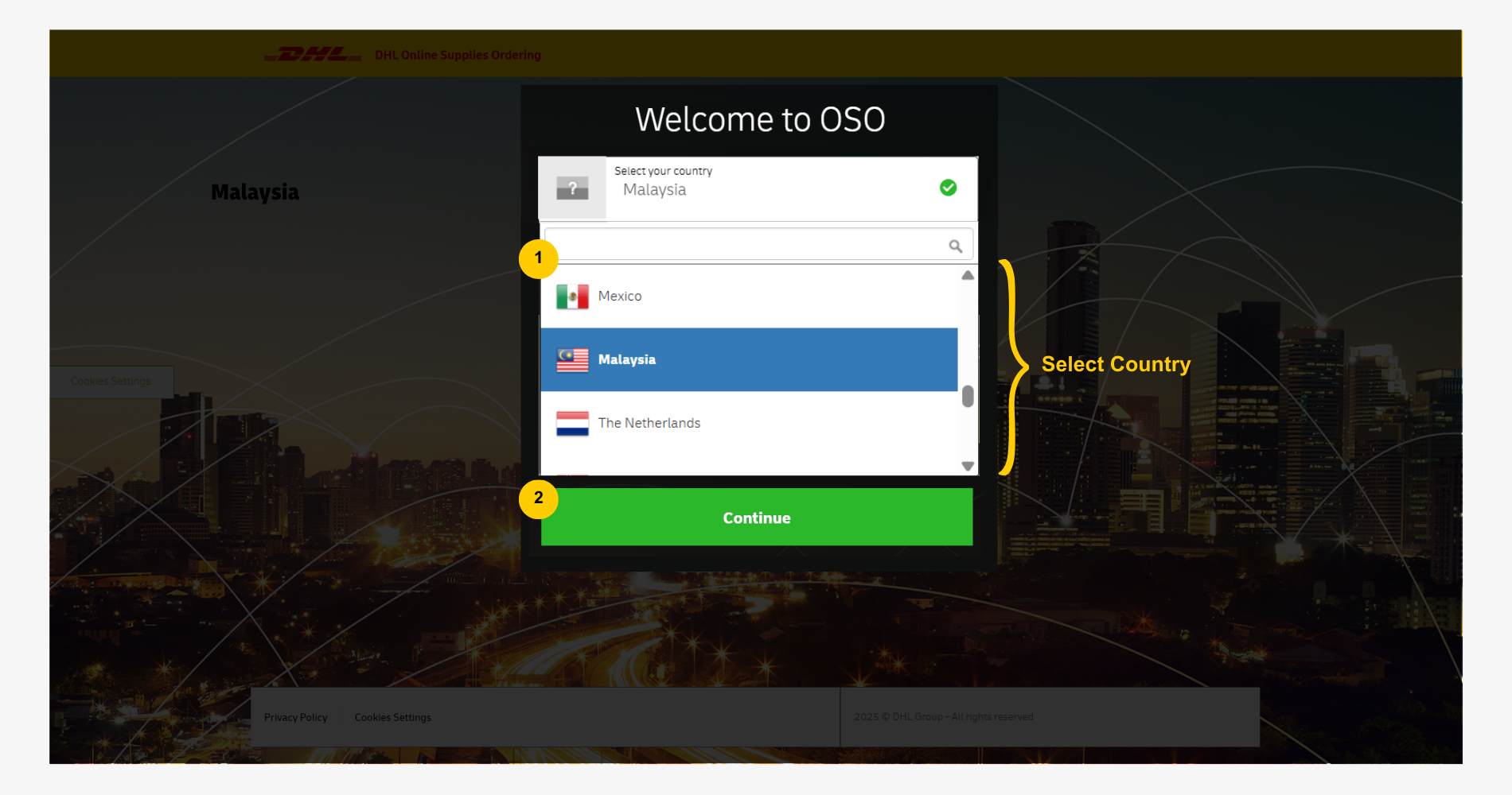 DHL OSO Order Shipping Supply Guide: Homepage Country Selection