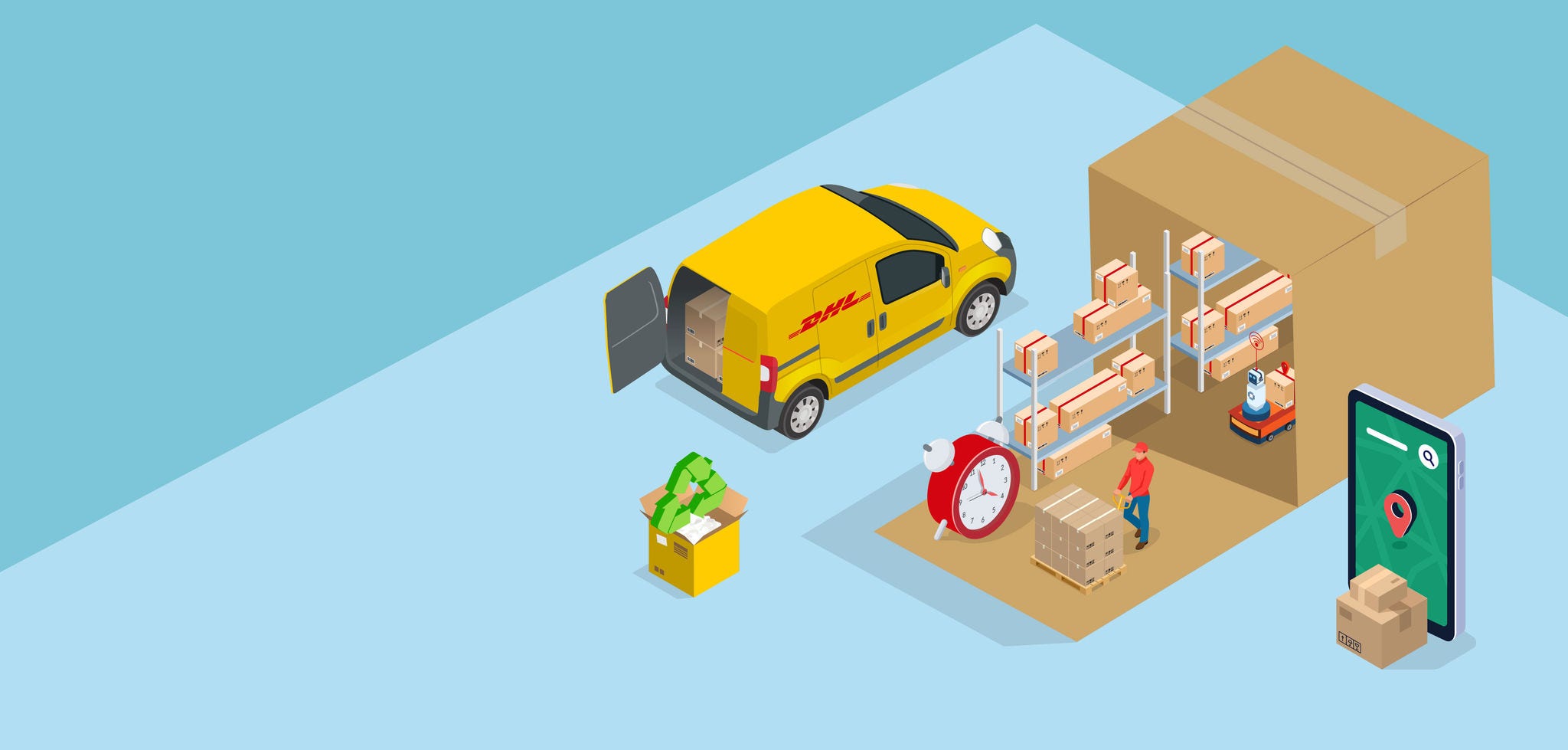 DHL van in a warehouse with packages