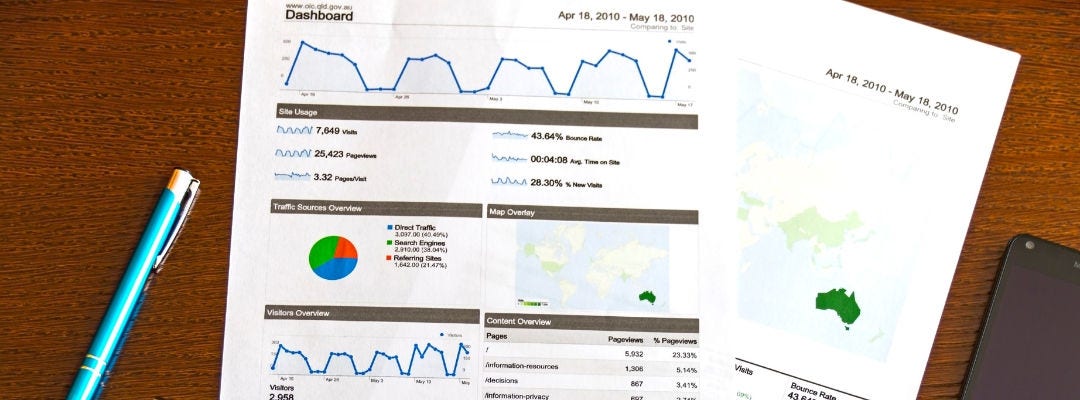 Printed analytics survey reports on wooden desk