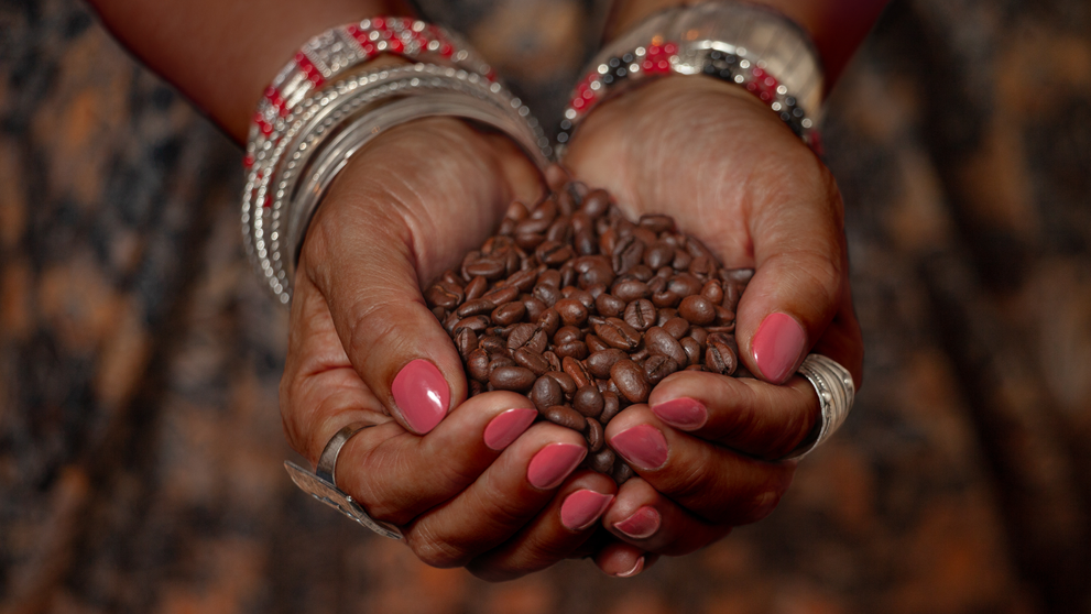 Brown feminine hands in traditional jewelery hold a handful of coffee beans