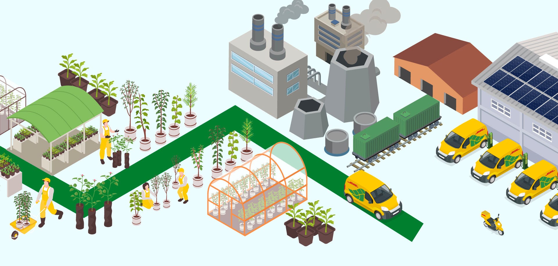 Graphics of DHL vans and sustainable shipping icons