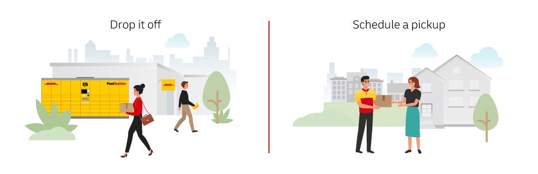 illustration showing two options for packages: dropping it off or scheduling a pickup