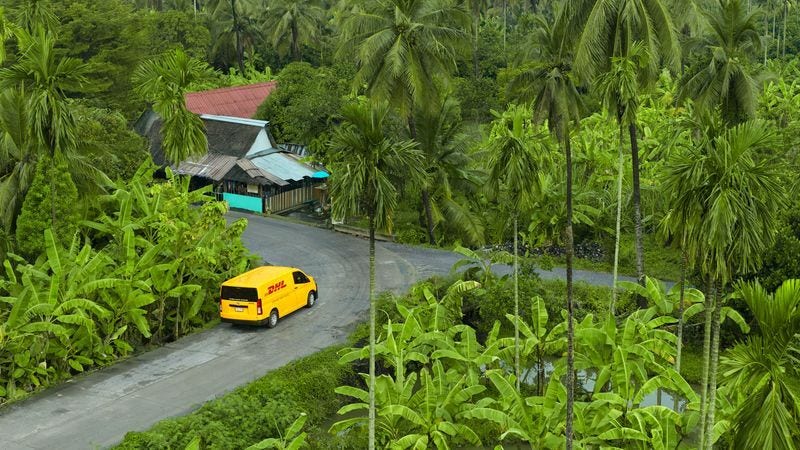 A DHL Express van making a delivery of Sri Lankan peppers on a jungle road