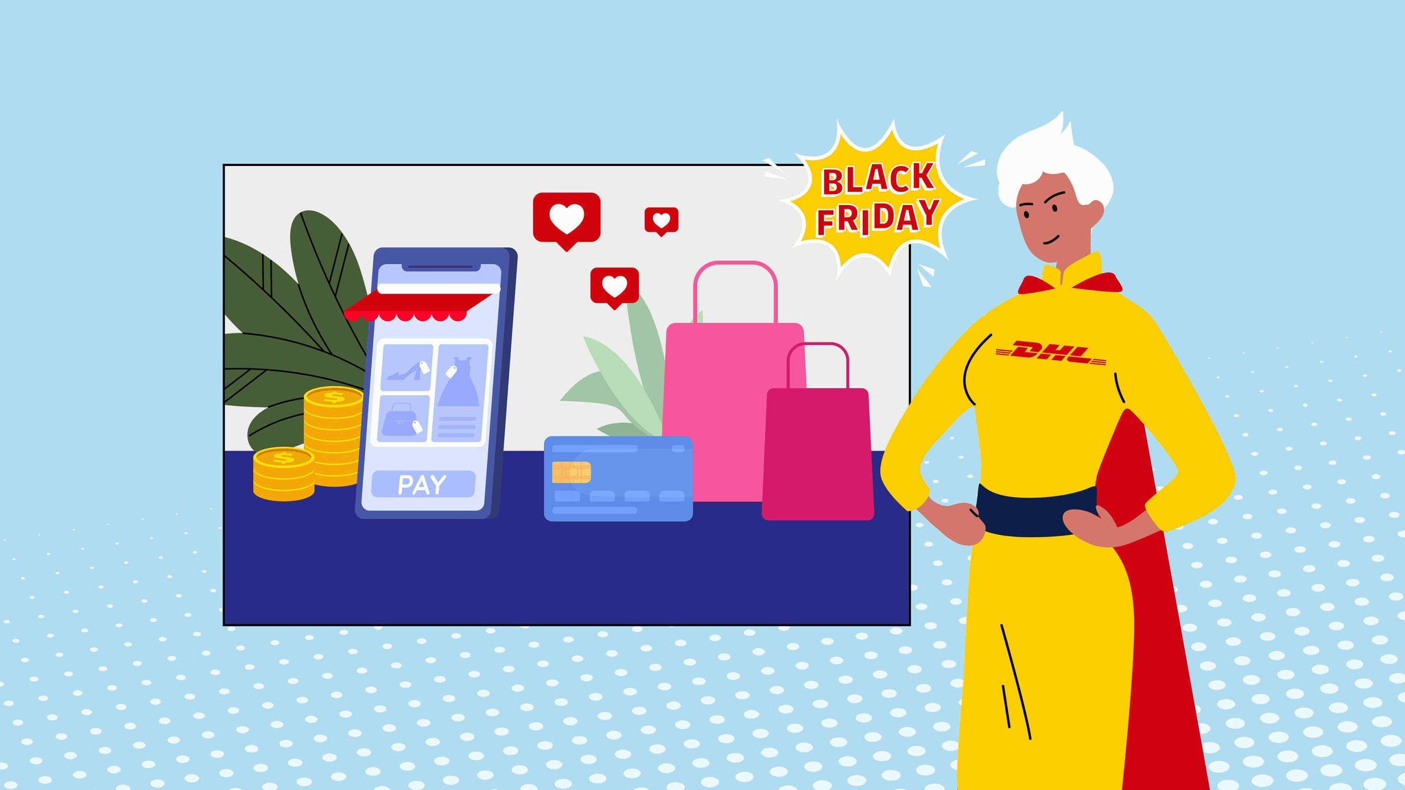 graphic image of superhero with shopping items