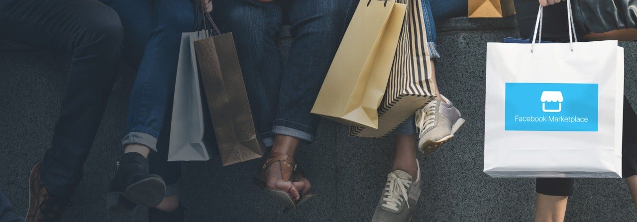 People sitting with shopping bags with 'Facebook Marketplace' logo