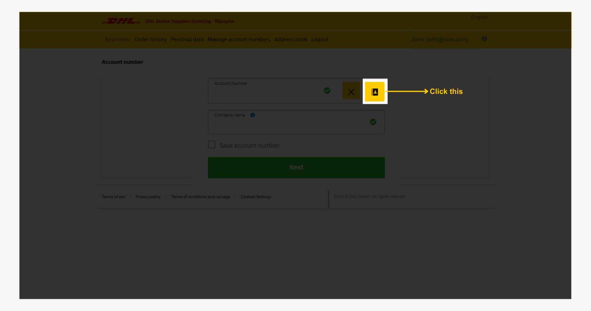 DHL OSO Order Shipping Supply Guide: Account from Saved Record