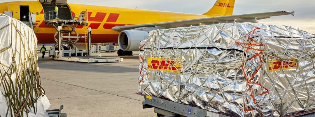 Inline Staticts  (1080 x 400 px) - Secured cargo pallets positioned near aircraft for loading.
