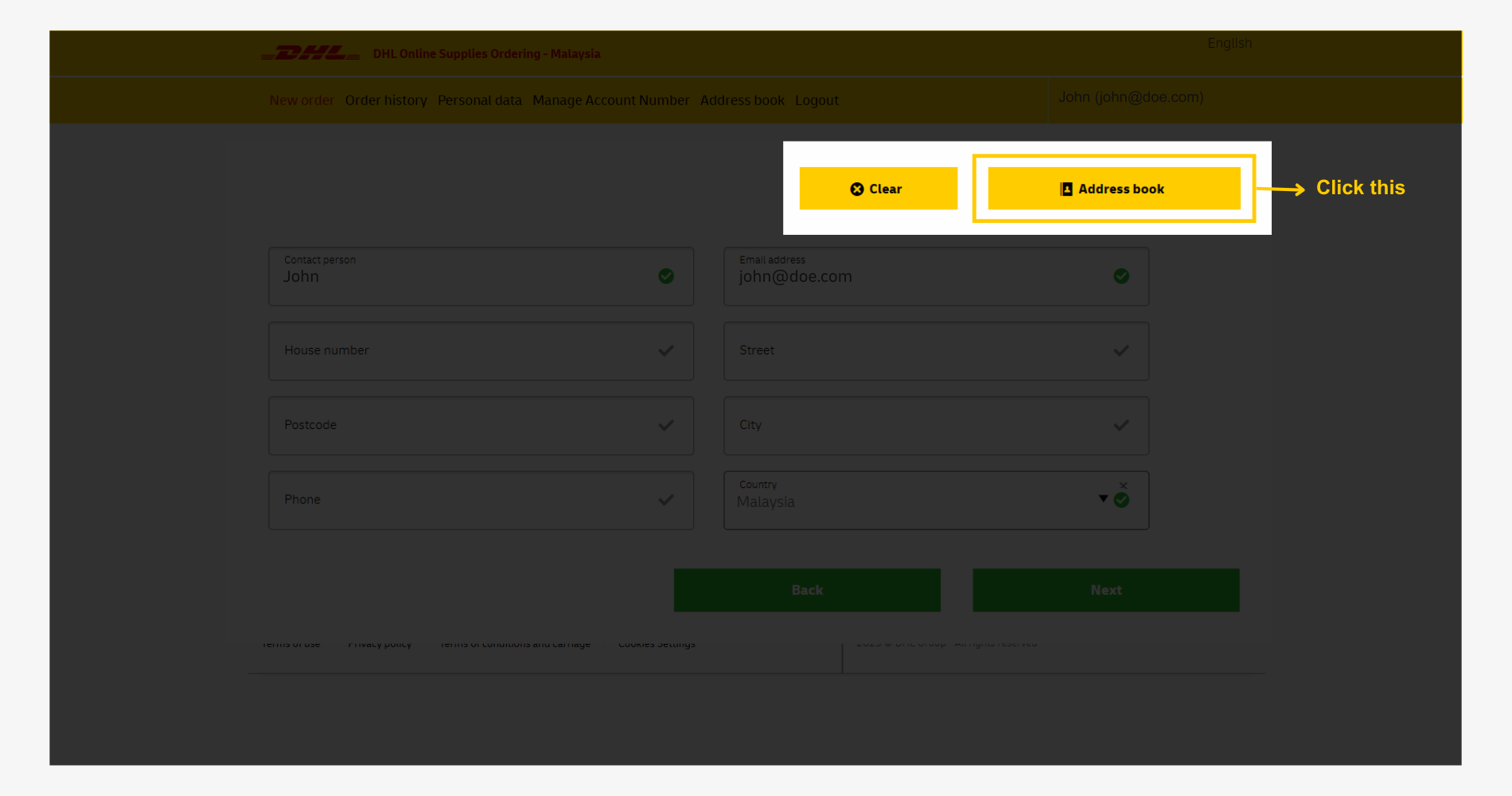 DHL OSO Order Shipping Supply Guide: Saved address