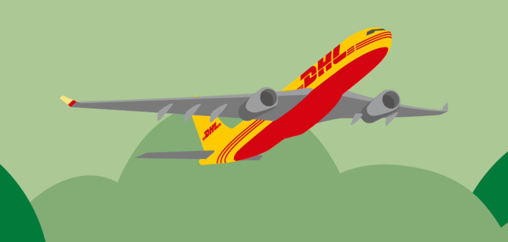 DHL plane illustration flys over green hills.