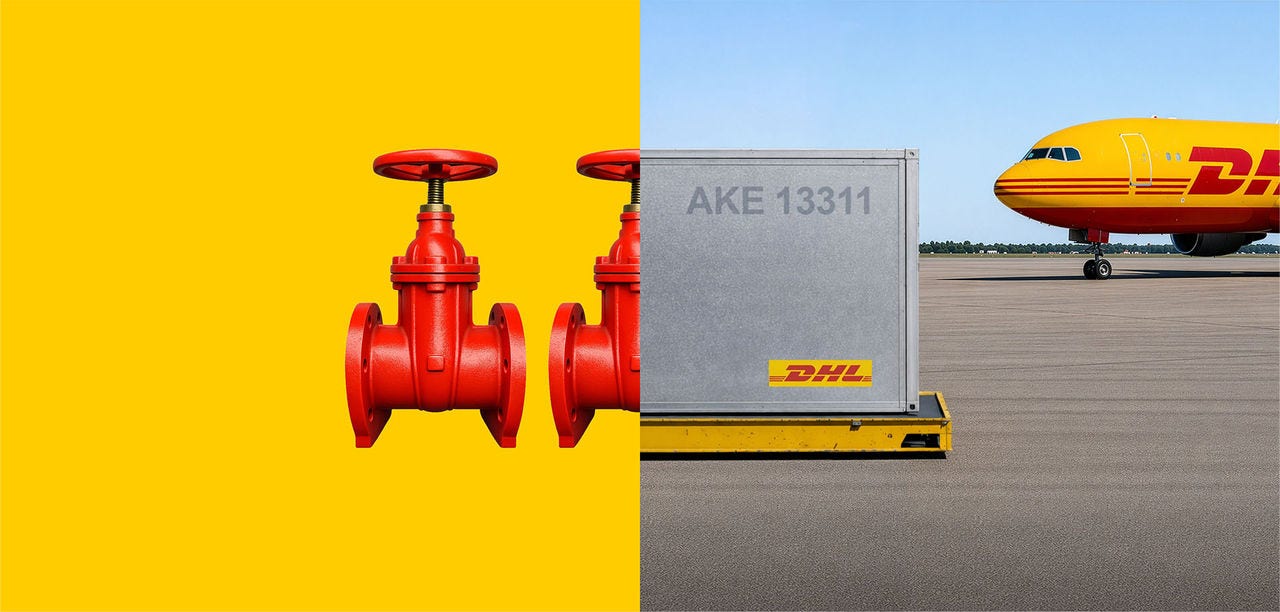 collage of DHL aeroplane and heavyweight equipment