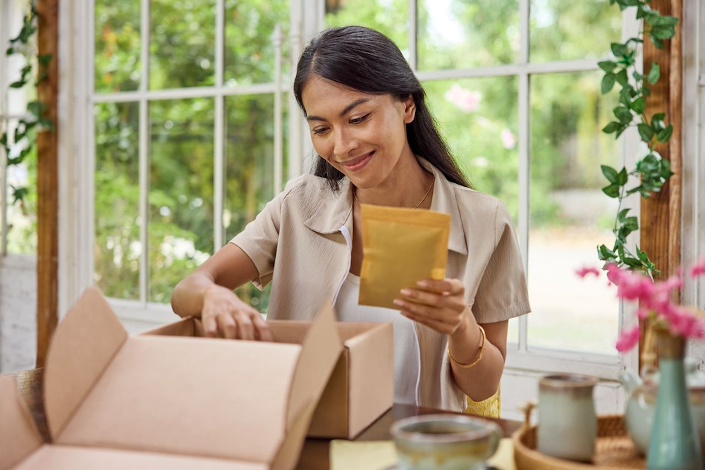 a woman packing a parcel
