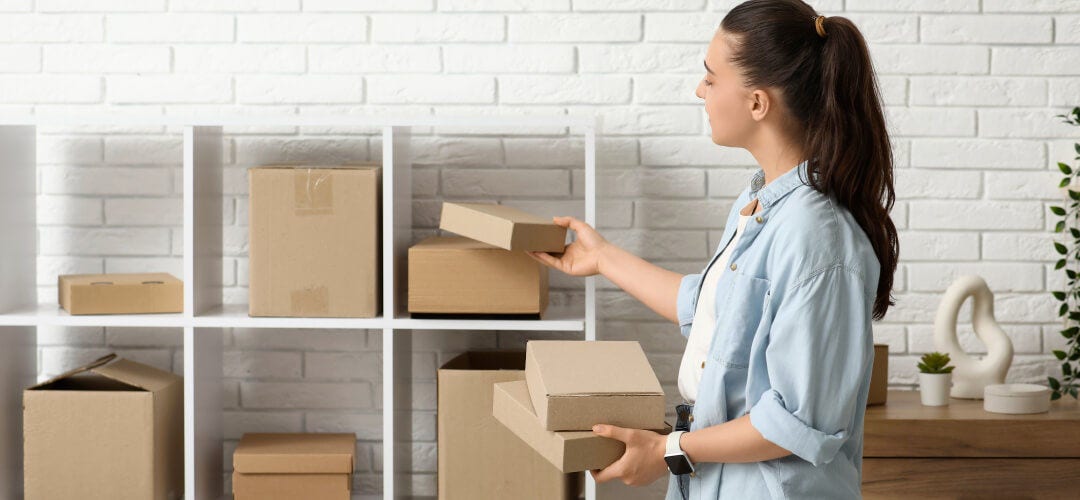 woman organizing boxes of returns on shelves