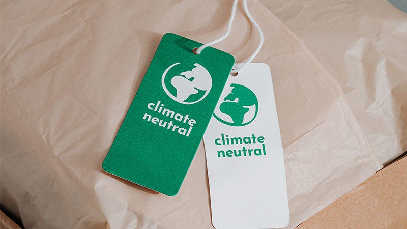 photograph of labels on a package titled "carbon neutral"