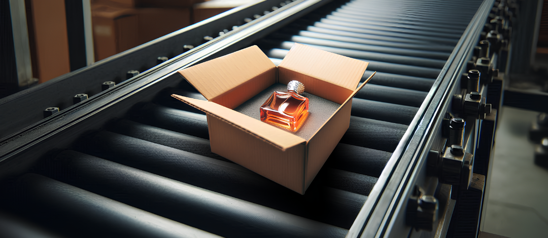 Perfume in a box on a conveyor belt