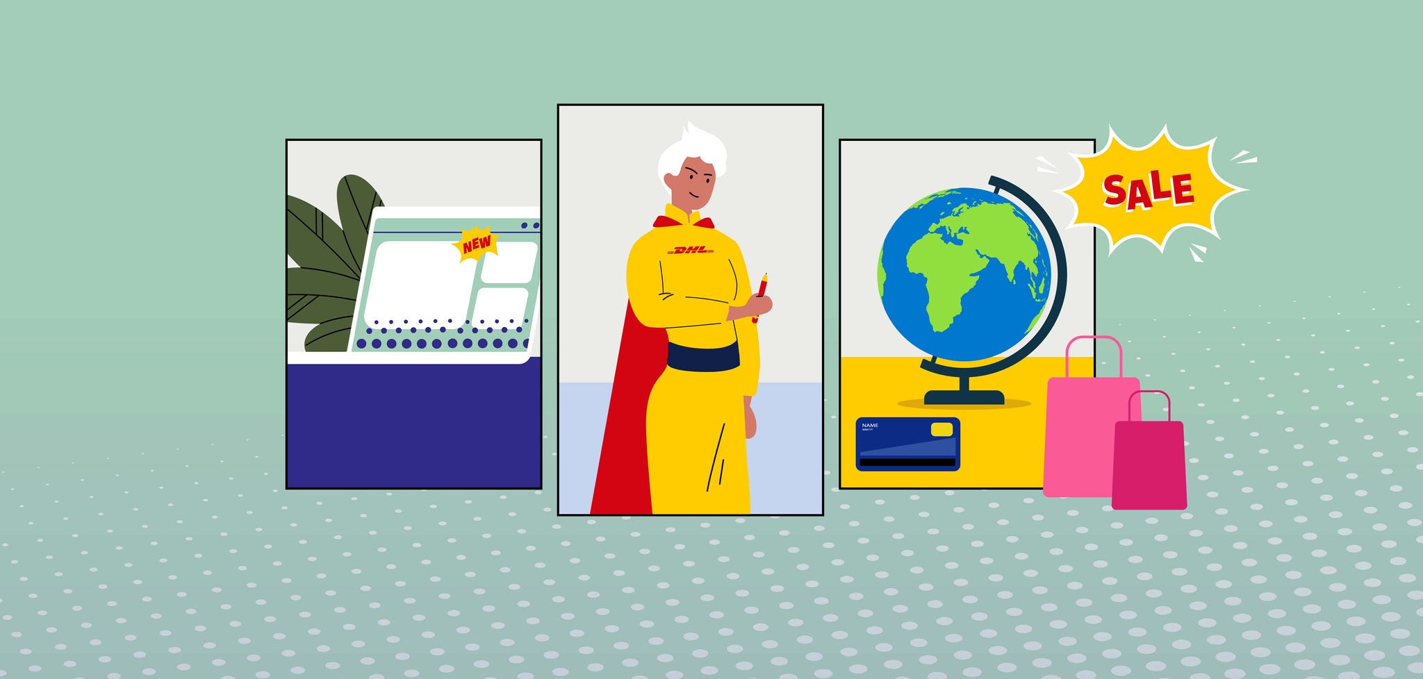Graphic image with superhero characters and globe