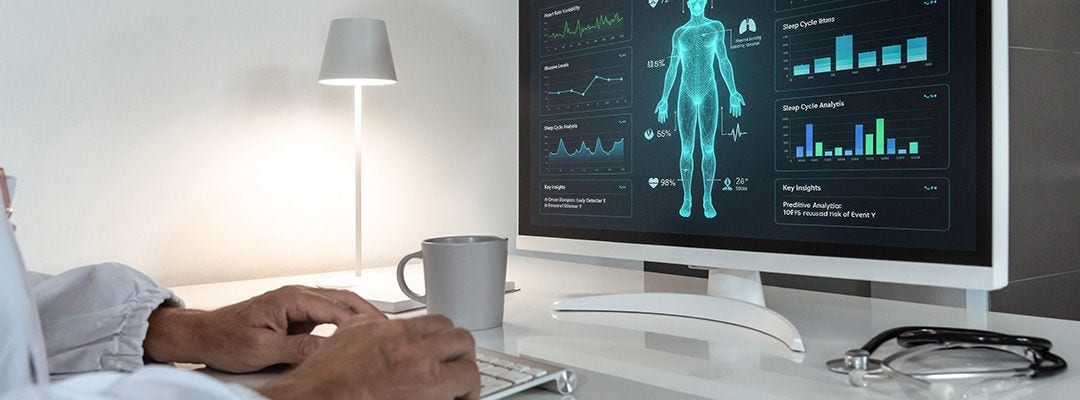 研究人员查看健康筛查数据，体现AI技术在生命科学诊断中的应用