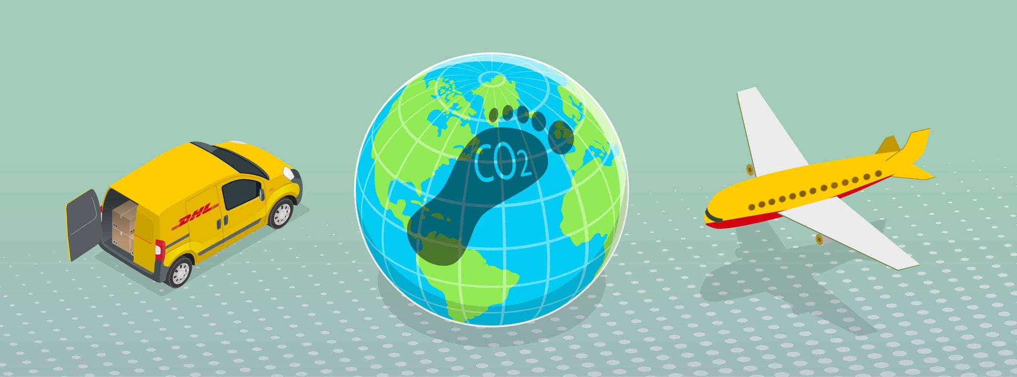 Grafisk billede af en DHL varevogn, en globus og et fly